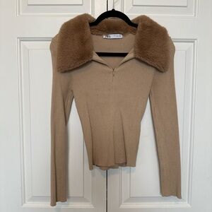 Zara Beige Ribbed Sweater with Faux Fur Collar